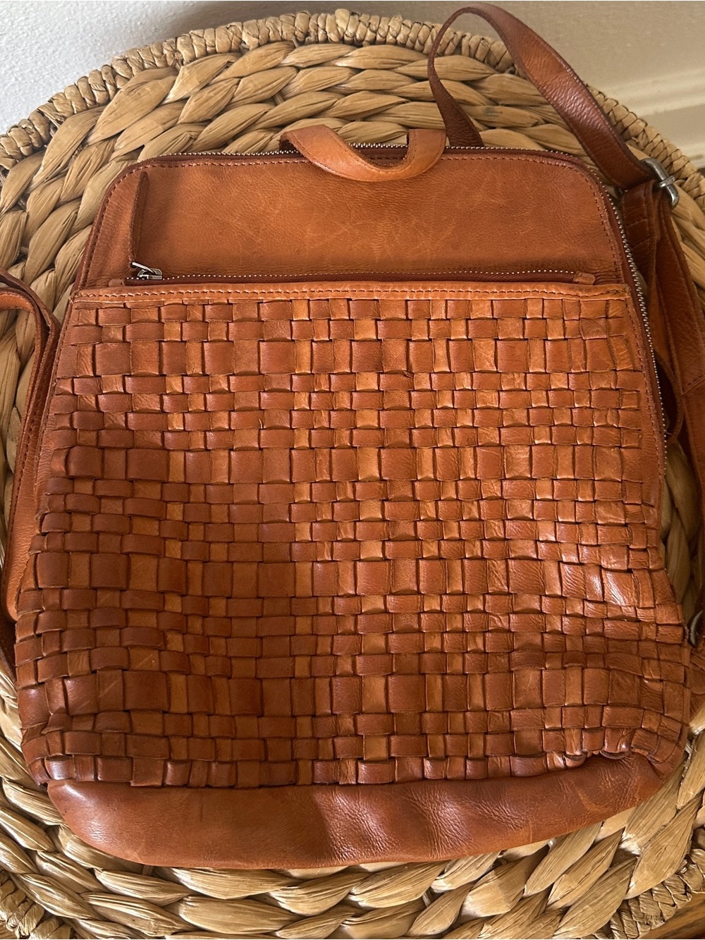 Vilenca Holland Woven Leather Backpack Cognac Brown Convertible Crossbody Bag